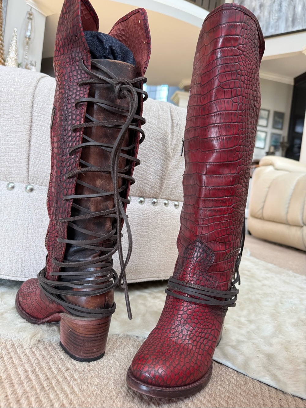 Freebird Leather Women's Red Croc-Embossed Lace-Up Knee Boots